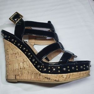 Steve Madden Studded Black Strappy Cork Wedges